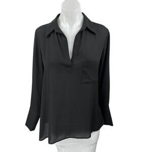 Pleione Black Silk Satin Long Sleeve V Neck Pocket Collared Blouse Top Size S